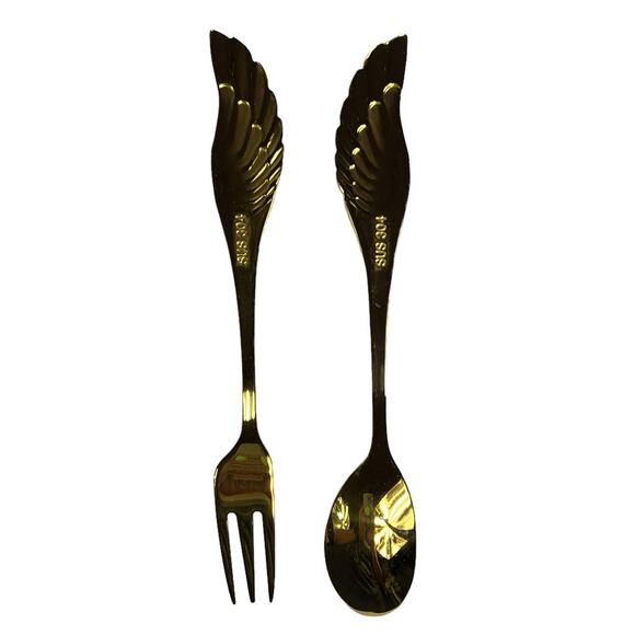 Angel Wings Children's Fork & Spoon Cutlery Gift Set Stainless Steel Gold Plated - Picture 3 of 14